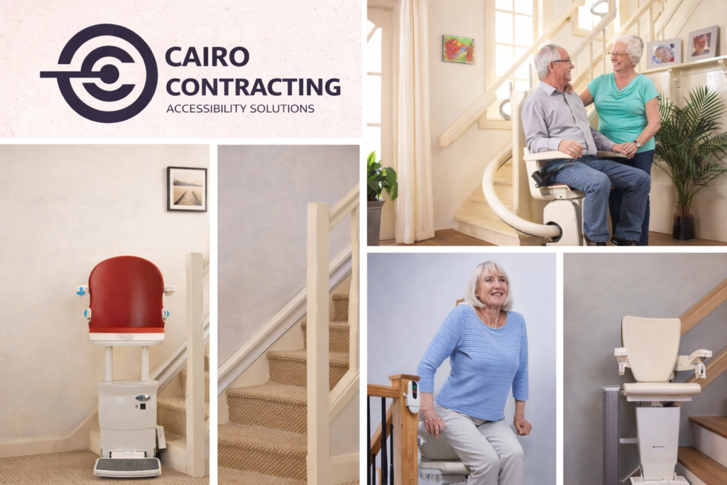 Stairlift comparison showing straight, curved, and standing stairlifts installed in Vancouver homes for accessibility and mobility solutions