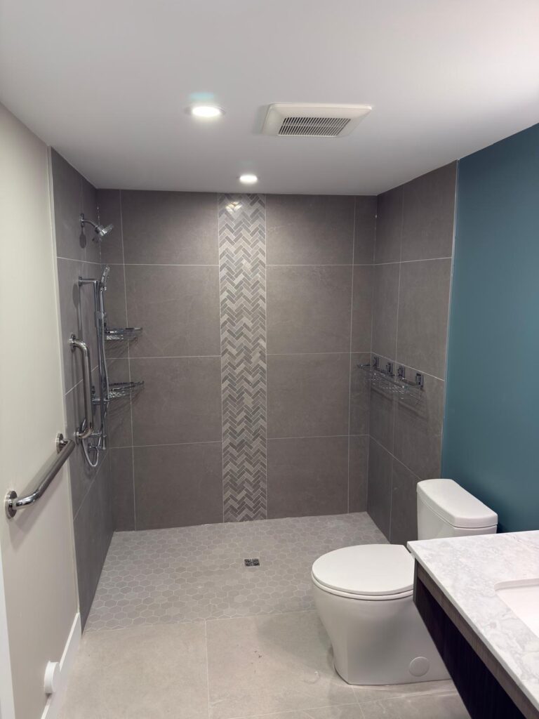 Accessible bathroom renovation before and after with safety upgrades and walk-in shower