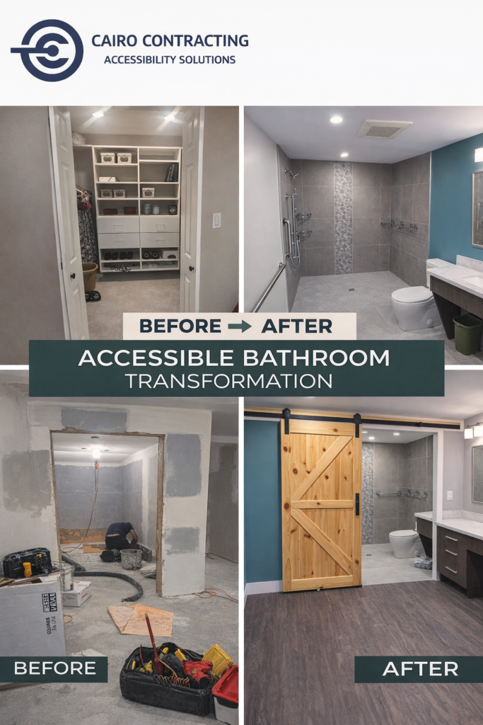 Before and after bathroom transformation for accessibility renovation in Vancouver featuring walk-in shower, grab bars, barrier-free design, and mobility-friendly layout by accessibility contractor.