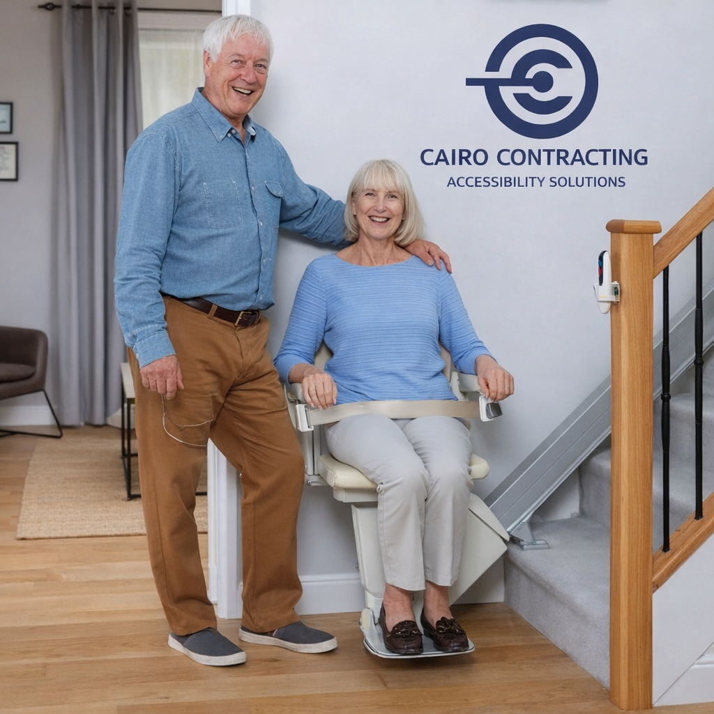 Stairlift installation Burnaby home showing senior using indoor stairlift with caregiver for safe mobility and ageing in place