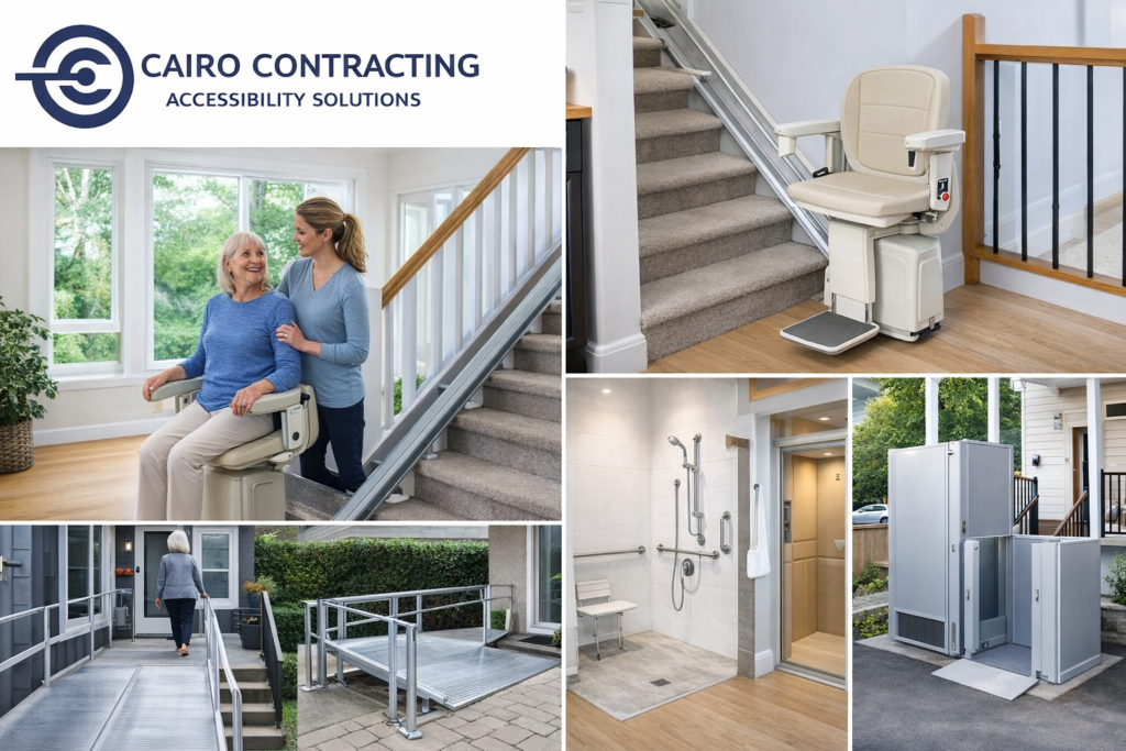 Home accessibility solutions in Langley including stairlift installation, wheelchair ramps, accessible bathroom, and home lift by Cairo Contracting