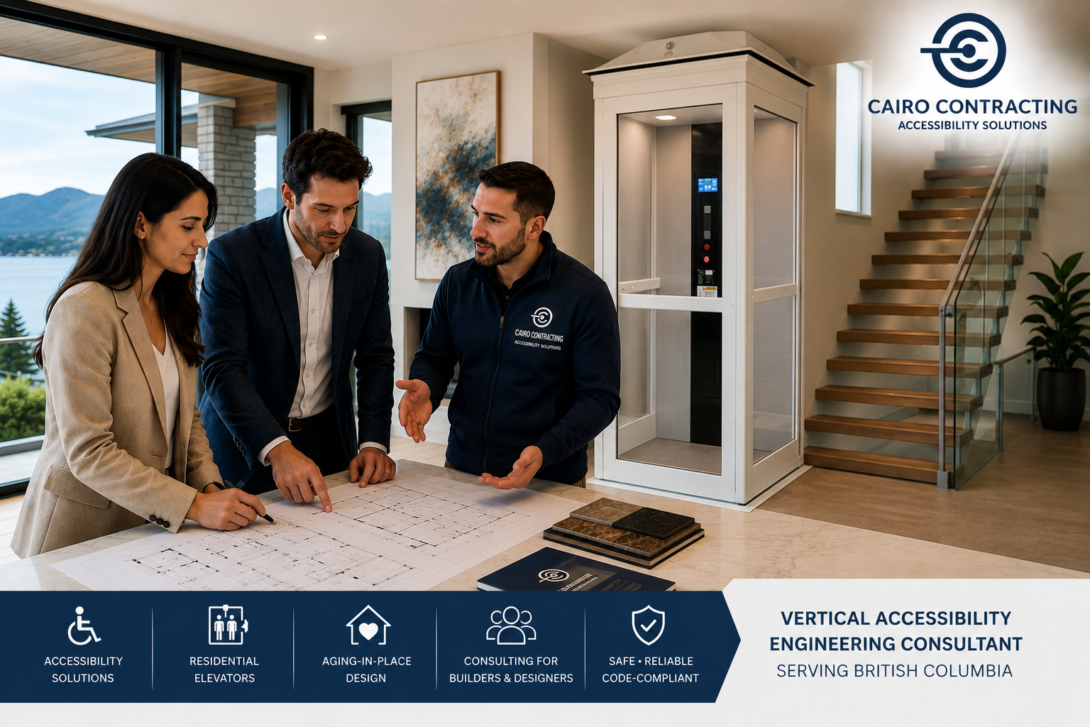 Vertical Accessibility Consultant in BC discussing residential elevator planning with architects and designers inside a luxury modern home featuring a shaftless home elevator installation by Cairo Contracting.