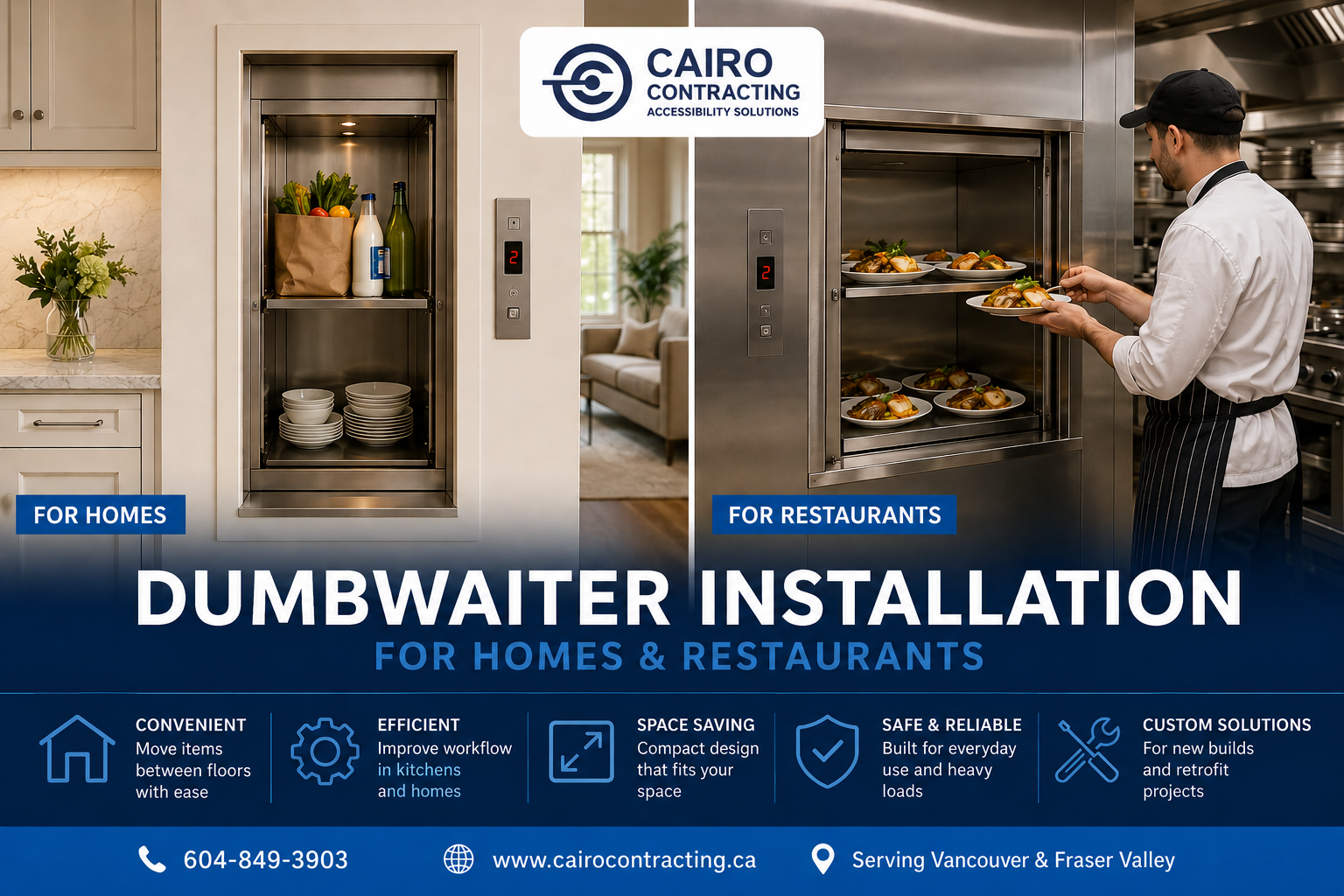Residential and commercial dumbwaiter installation in Vancouver featuring a home kitchen dumbwaiter and restaurant food lift by Cairo Contracting Ltd.