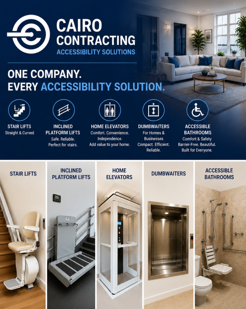 Complete accessibility solutions including home elevators, wheelchair lifts, stair lifts, inclined platform lifts, aluminum ramps, dumbwaiters, and accessible bathrooms by Cairo Contracting Ltd.