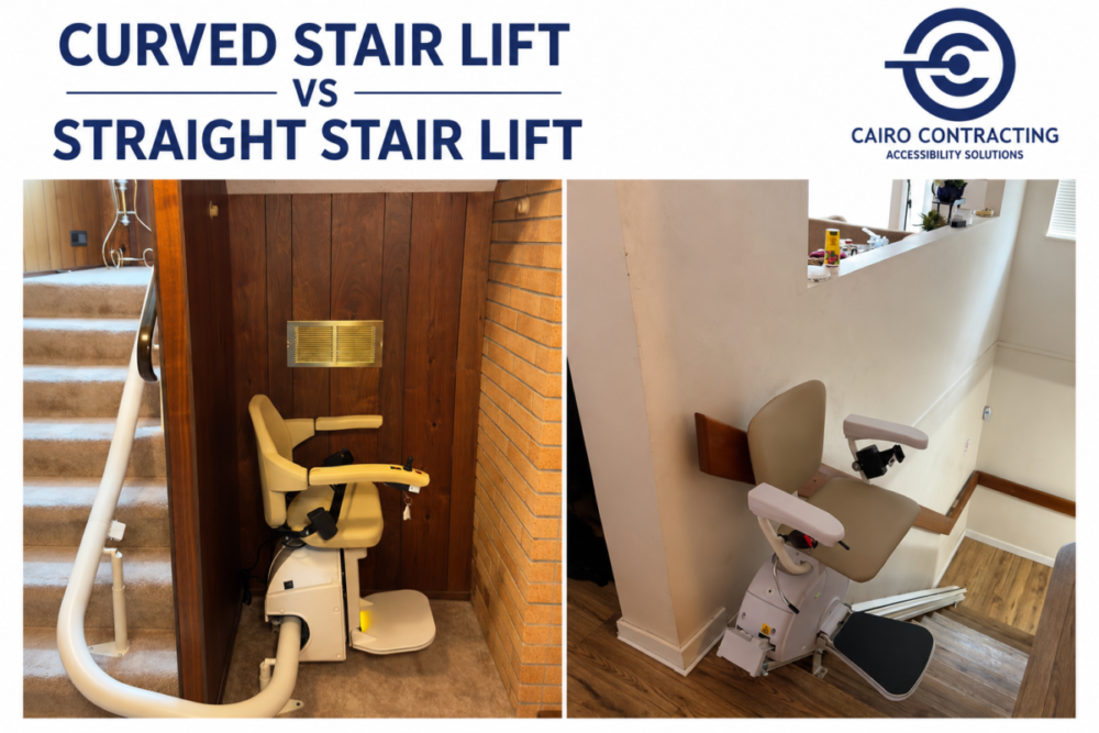 Curved stair lift vs straight stair lift installed in residential homes by Cairo Contracting Ltd in Vancouver.
