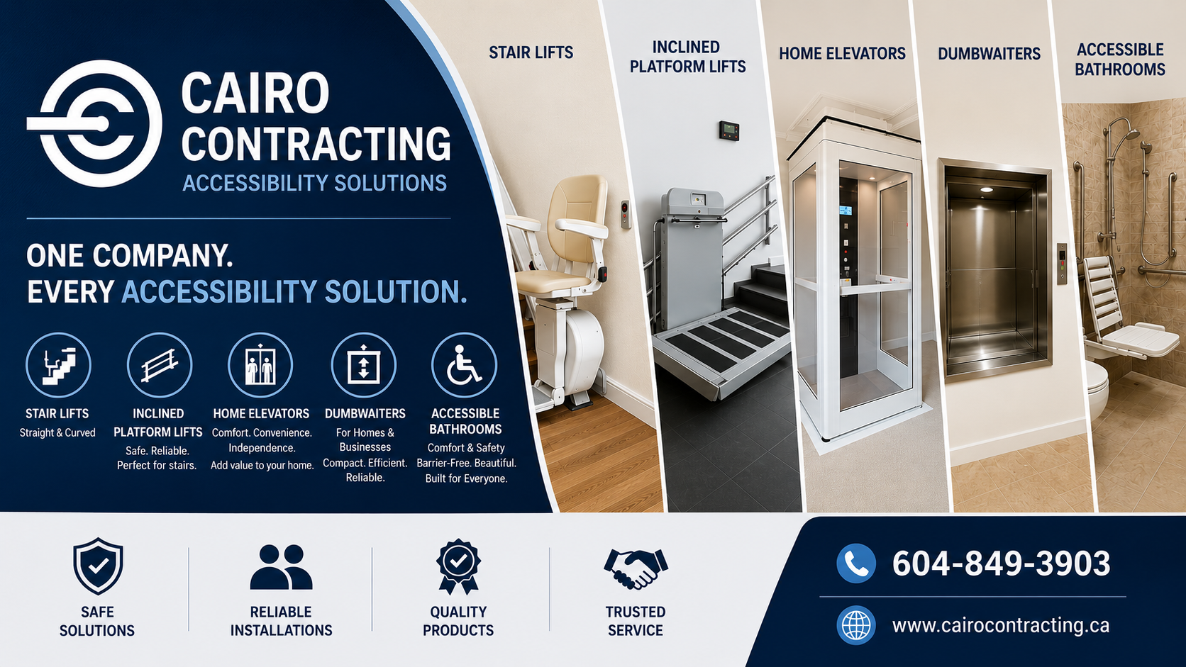 Complete accessibility solutions including home elevators, wheelchair lifts, stair lifts, inclined platform lifts, aluminum ramps, dumbwaiters, and accessible bathrooms by Cairo Contracting Ltd.