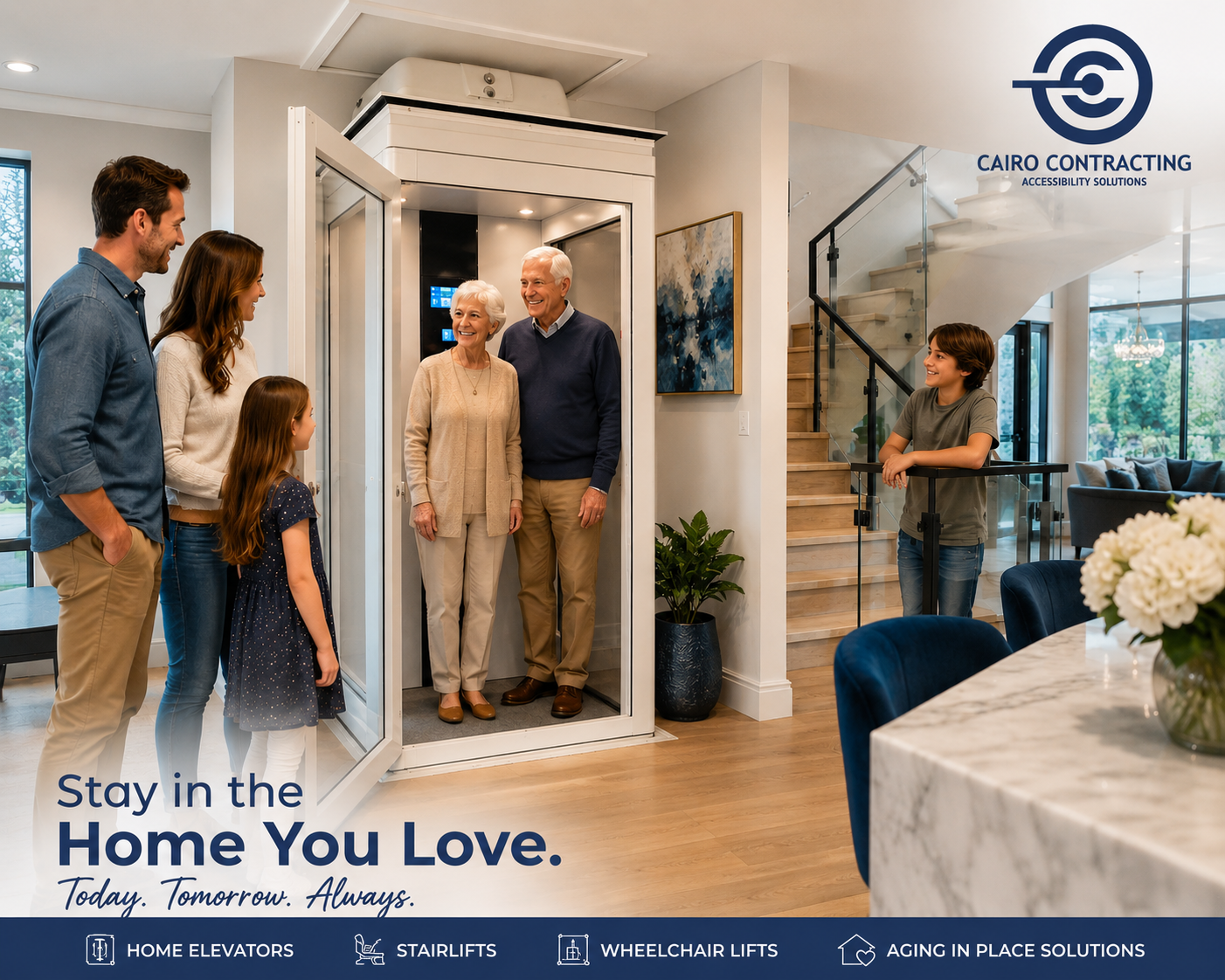 Luxury home with a shaftless home elevator helping a family age in place safely with Cairo Contracting accessibility solutions.