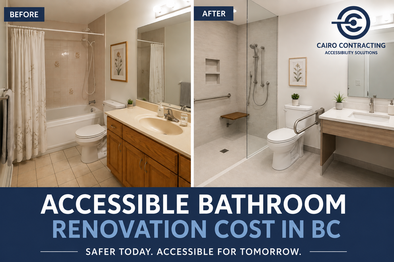 Accessible bathroom renovation in BC before and after with curbless walk-in shower, grab bars, folding support rail and accessible vanity.